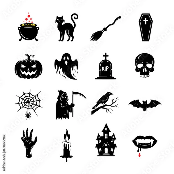 Obraz Spooky halloween icons featuring a cauldron a black cat a broomstick and a coffin perfect for festive decor