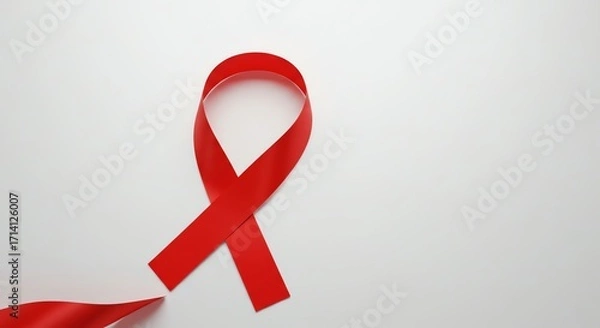 Fototapeta Red Ribbon Symbol of Hope and Awareness on Light Gray Backdrop