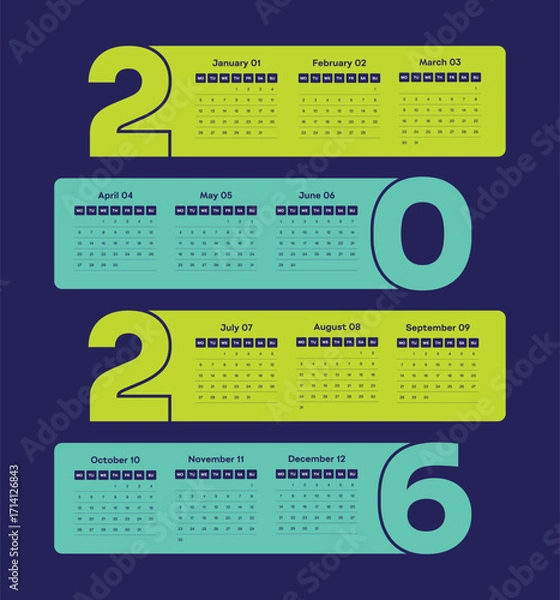 Fototapeta 2026 New Year Annual Calendar Design Template Week Starts on Sunday