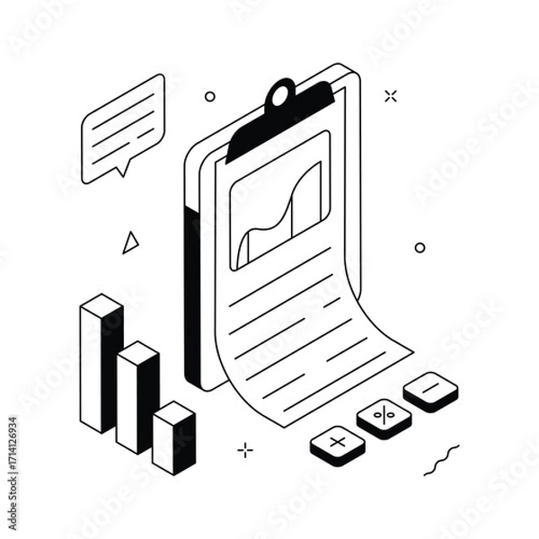 Fototapeta Market report isometric illustration with clipboard and data charts