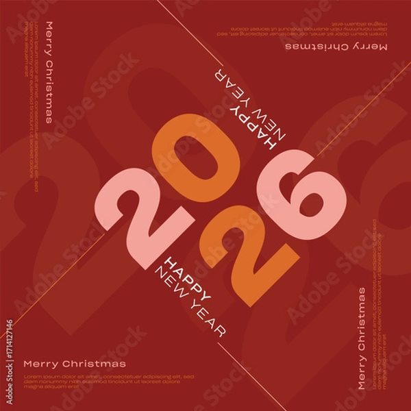 Fototapeta Happy New Year 2026 and Merry Christmas Flat New Year Number Design Vector Illustration