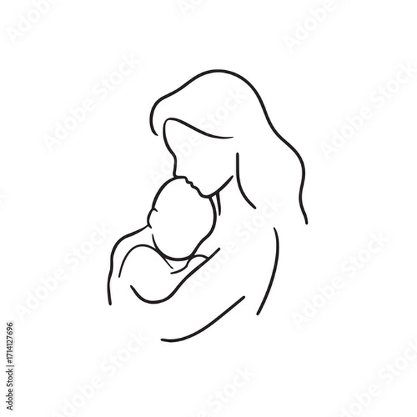 Obraz Black and white line art of a beautiful mother lovingly embracing her baby minimalist tender illustration