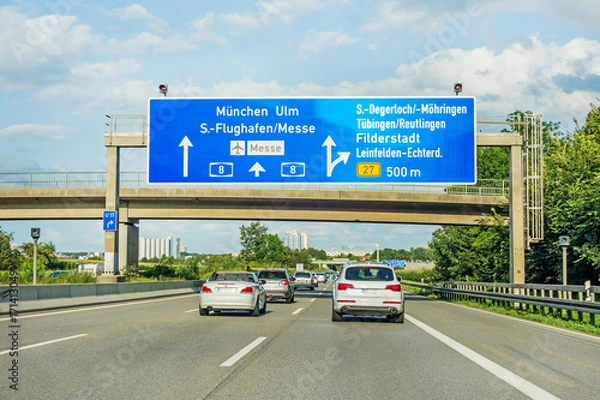 Fototapeta freeway road sign on Autobahn A8, Stuttgart / Munich / Ulm