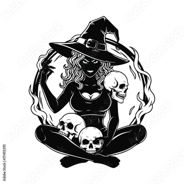 Obraz Monochrome illustration of a witch with skulls, wearing a hat and sitting cross-legged.