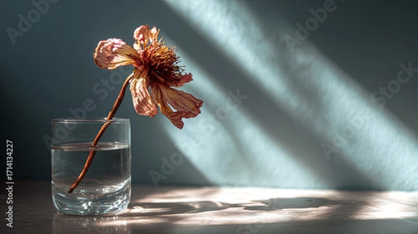 Fototapeta Dried flower in a clear glass vase, illuminated by soft natural light, casting gentle shadows on a white surface, creating a serene and tranquil atmosphere