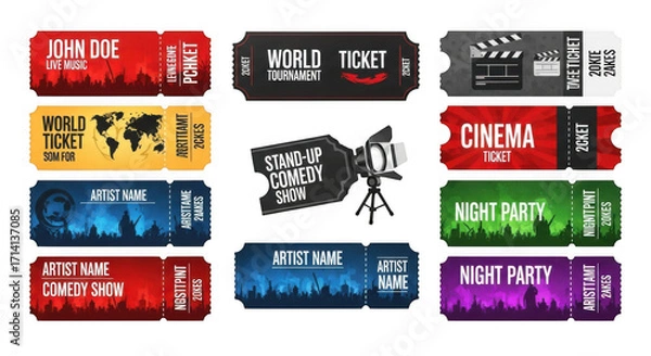 Obraz A collection of various event tickets including cinema, comedy show, and music concert tickets isolated on transparent background