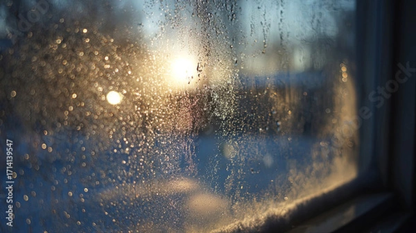 Fototapeta Frosted windowpane with condensation, capturing warm sunlight filtering through, creating a cozy atmosphere and highlighting the beauty of winter mornings and nature's tranquility