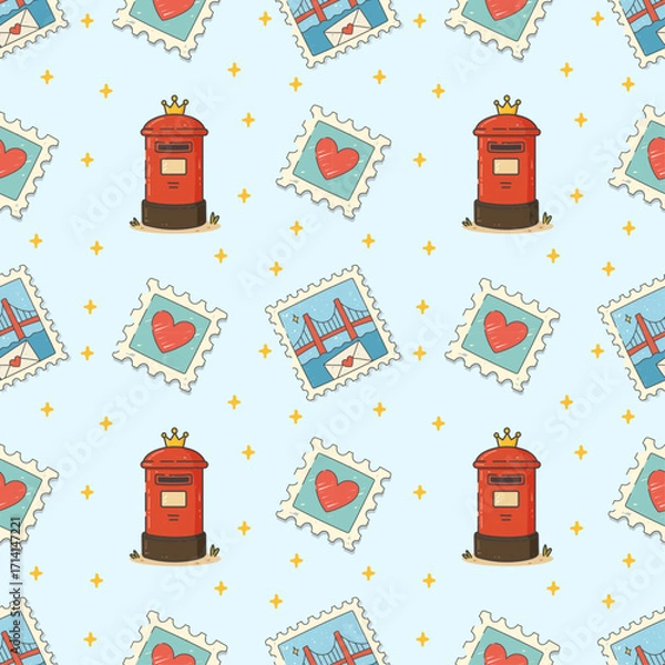 Fototapeta Seamless Pattern With Red Royal Mailbox, Heart And Bridge Postage Stamps In Cute Cartoon Flat Style