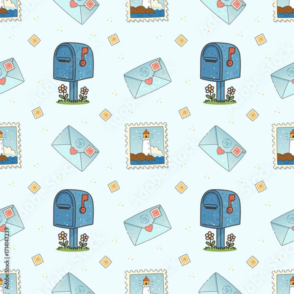 Fototapeta Seamless Pattern With Blue Mailbox, Envelopes And Lighthouse Postage Stamps In Cute Cartoon Flat Style