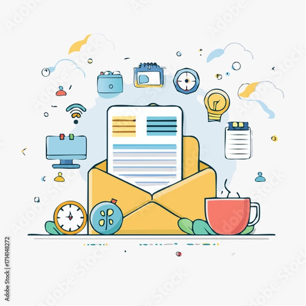 Fototapeta Email Newsletter Design with Icons and Coffee Cup