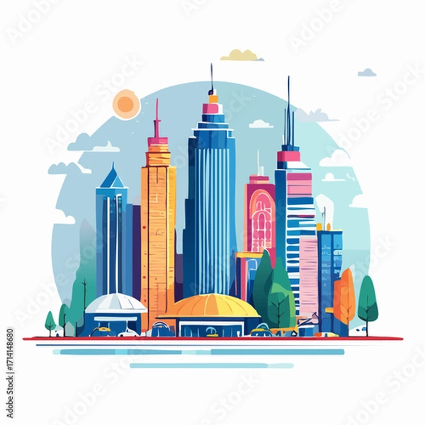Fototapeta Vibrant Cityscape Illustration with Colorful Skyscrapers