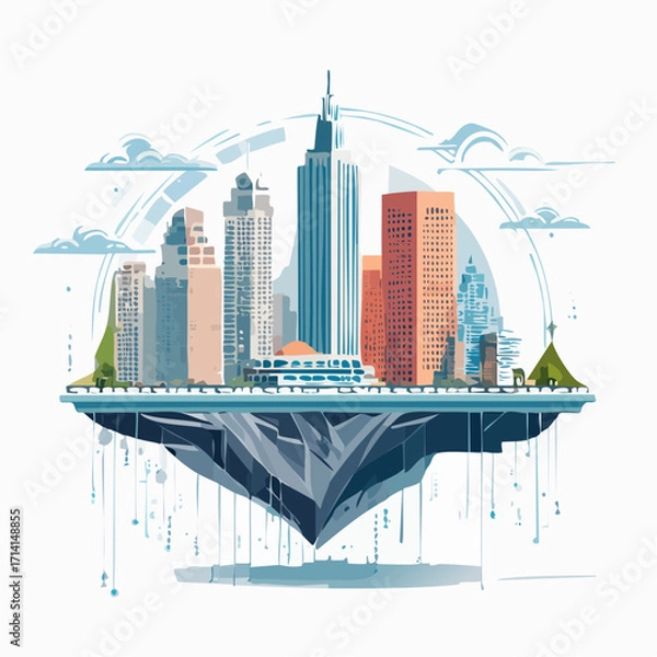 Fototapeta Floating Cityscape: Modern Urban Architecture in Rainy Weather