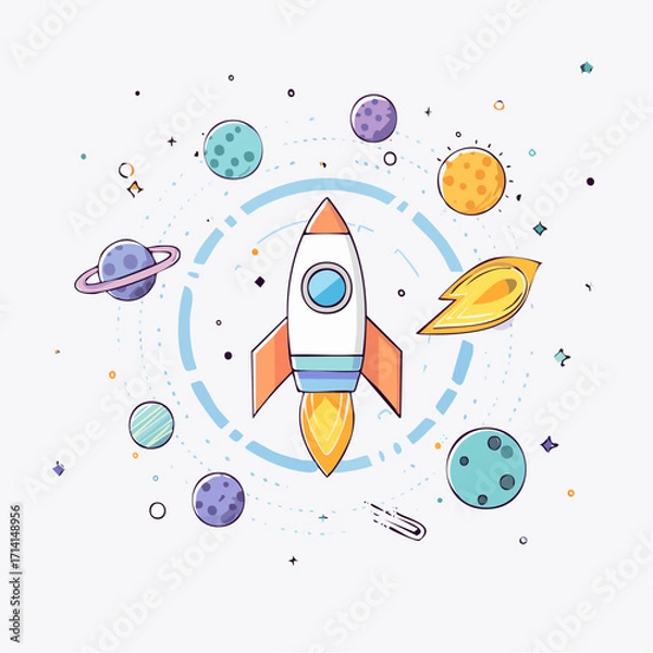 Fototapeta Rocket Launching Through Colorful Planets and Stars