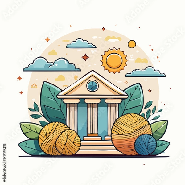 Fototapeta Classical Building with Yarn Balls and Greenery Under Sunny Sky