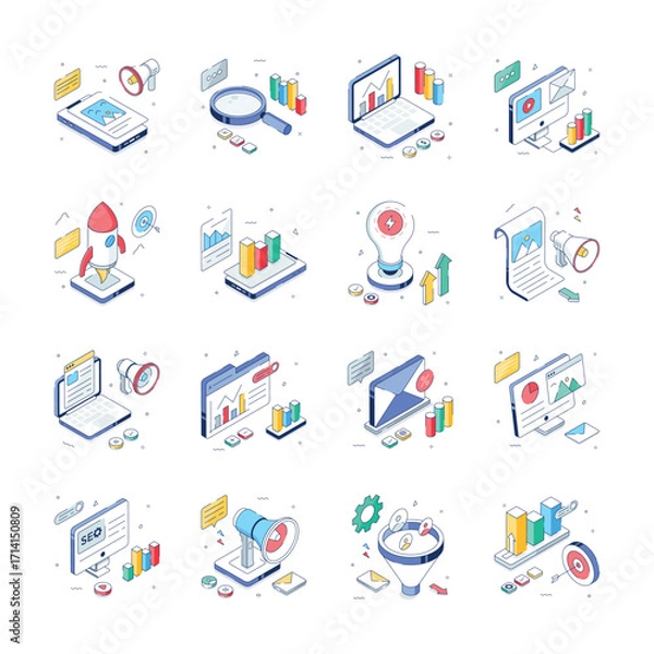 Fototapeta Take a look at this amazing set of digital marketing illustrations in isometric style