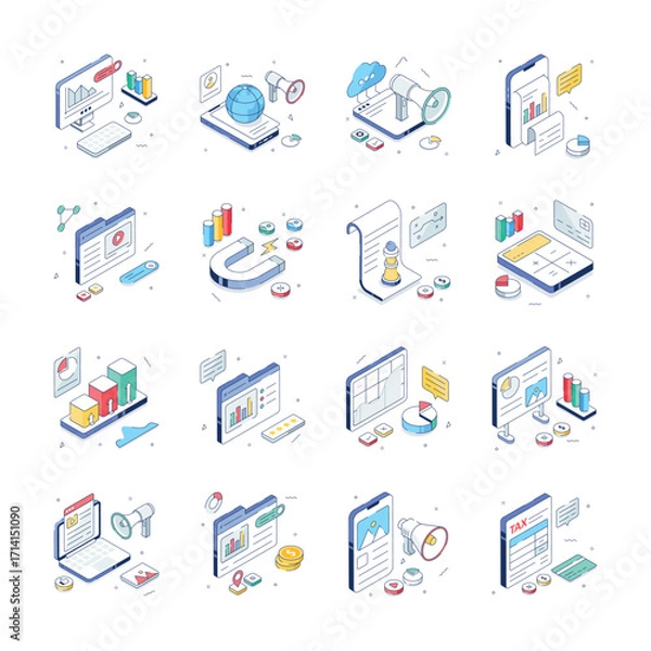 Fototapeta A collection of isometric illustrations depicting different business data visualization and marketing tools.