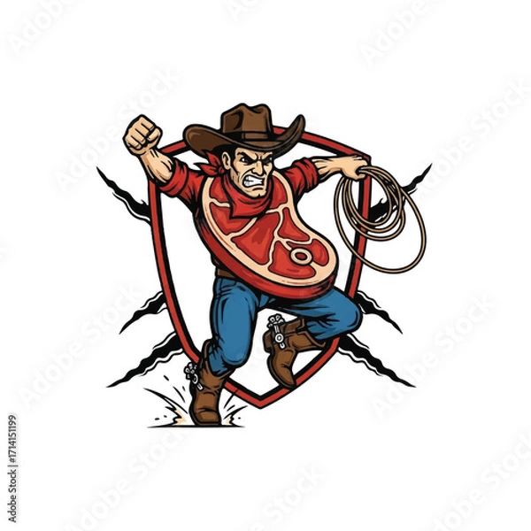 Fototapeta A fierce cartoon cowboy mascot with a raw steak for a torso, holding a lasso inside a shield emblem.