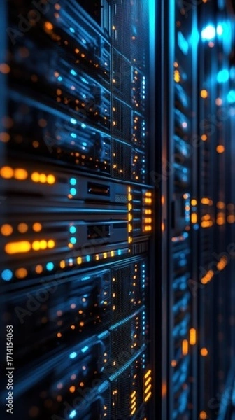 Fototapeta Modern data center with illuminated server racks showcasing advanced technology infrastructure