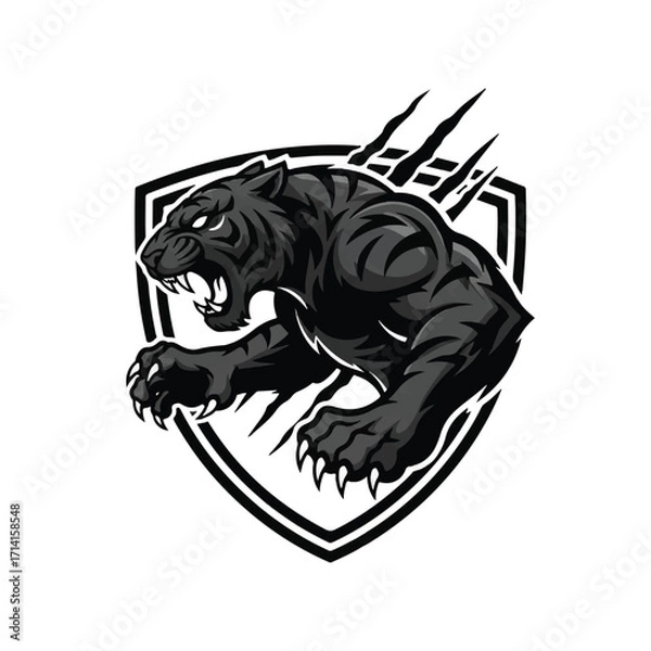 Obraz A fierce black panther mascot with sharp claws and bared teeth roaring aggressively while emerging from a shield emblem.