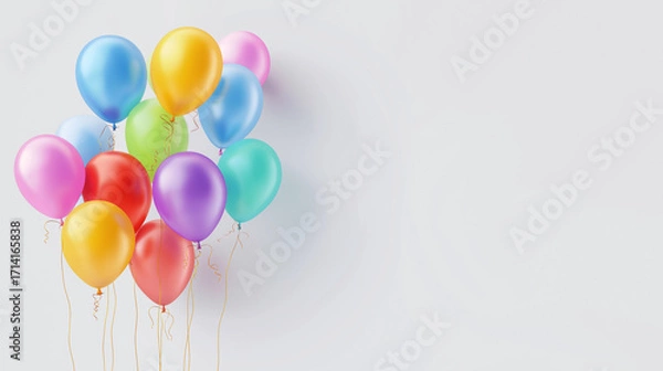 Obraz 沢山のカラフルな風船・バルーンのプレゼントイメージのコピースペースのある白背景のリアルな写真