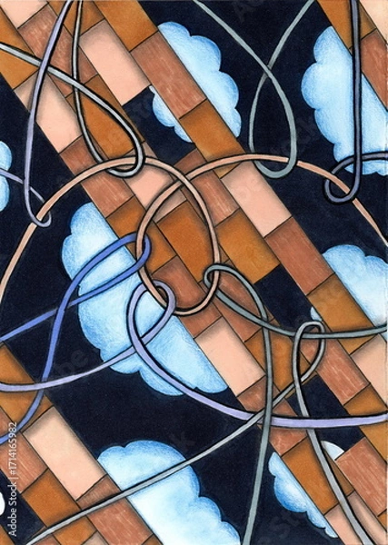 Fototapeta An abstract pattern featuring intersecting diagonal brown rectangular elements, reminiscent of fragments of brickwork or wooden beams. Between them, blue clouds are visible against a dark background. 