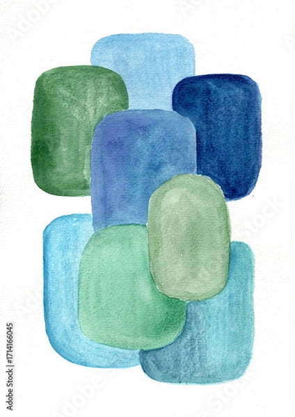 Fototapeta An abstract composition of soft rectangular shapes with rounded corners. The overlapping figures are painted in watercolor shades of blue, green, and turquoise, creating a sense of harmony.