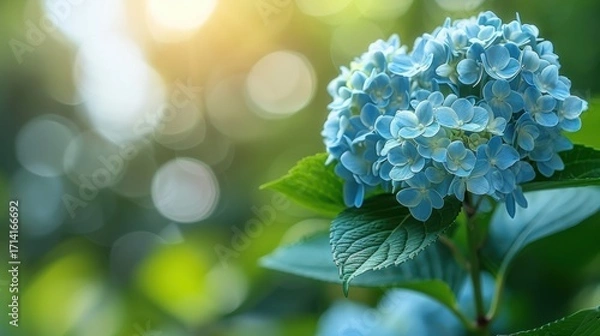 Obraz Delicate Blue Hydrangea Blossom with Sunlight Background