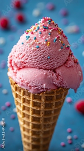 Fototapeta Pink ice cream in a waffle cone with colorful sprinkles—perfect for advertising desserts, summer promotions, or food blogs.