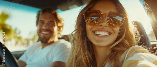 Fototapeta A happy couple wearing sunglasses is driving in a car, smiling—perfect for advertising travel, summer vacations, and lifestyle.