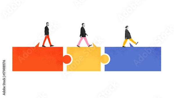 Fototapeta Surreal collage. Business people walking on colorful puzzle pieces symbolizing teamwork. Concept of corporate cooperation, project strategy, education collaboration and creative design.