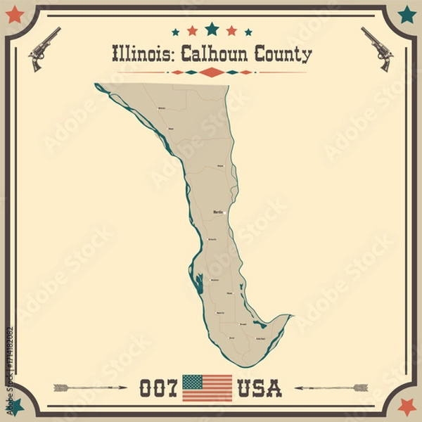 Fototapeta Large and accurate map of Calhoun County, Illinois, USA with vintage colors.