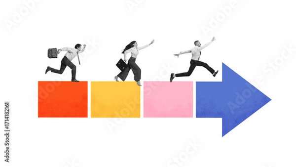 Fototapeta Creative digital artwork. Business people running on colorful blocks and arrow symbolizing progress. Concept of corporate growth, marketing strategy, startup energy and organizational success.