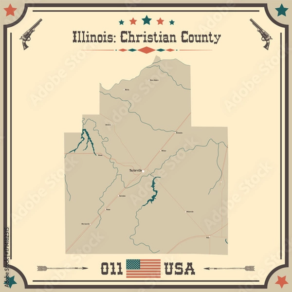 Fototapeta Large and accurate map of Christian County, Illinois, USA with vintage colors.
