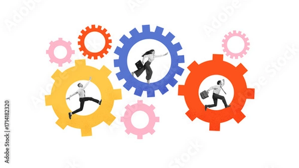 Fototapeta Bold poster. Business people moving inside colorful gears symbolizing teamwork and process. Concept of startup innovation, corporate responsibility, education collaboration and creative design.