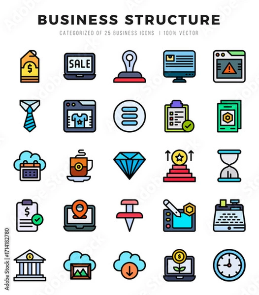 Fototapeta Vector Business Structure types icon set in Lineal Color style. vector illustration.