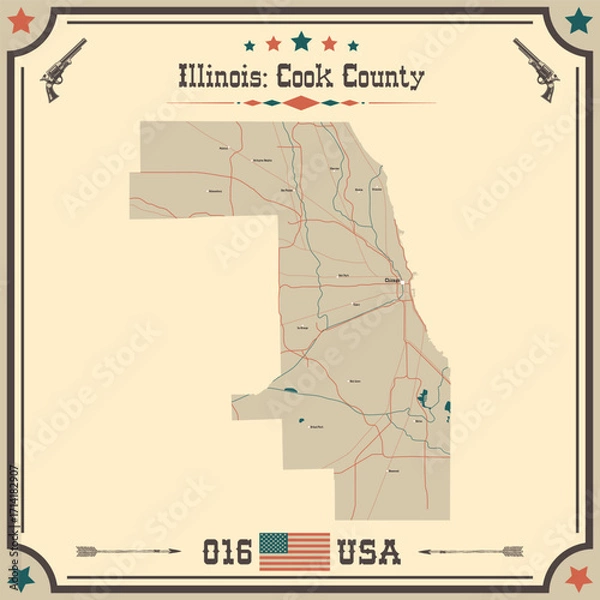 Fototapeta Large and accurate map of Cook County, Illinois, USA with vintage colors.