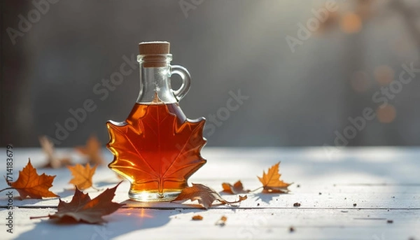 Fototapeta Glass bottle of maple syrup with autumn leaves and warm golden light on soft background. AI generated.

