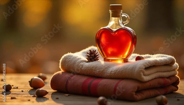 Fototapeta Glass bottle of maple syrup with autumn leaves and warm golden light on soft background. AI generated.

