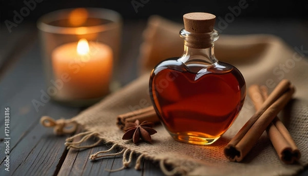 Fototapeta Glass bottle of maple syrup with autumn leaves and warm golden light on soft background. AI generated.
