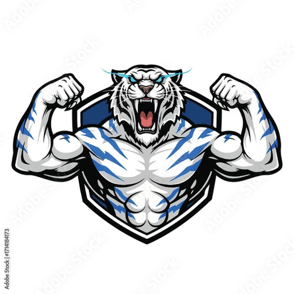 Obraz A fierce white tiger with blue stripes flexing its powerful muscles, depicted in a cartoonish, aggressive style with glowing blue eyes and lightning accents.