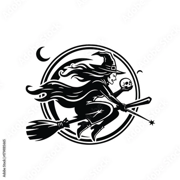 Obraz Black and white illustration of a witch flying on a broomstick, holding a skull and a magic wand, within a circular emblem.