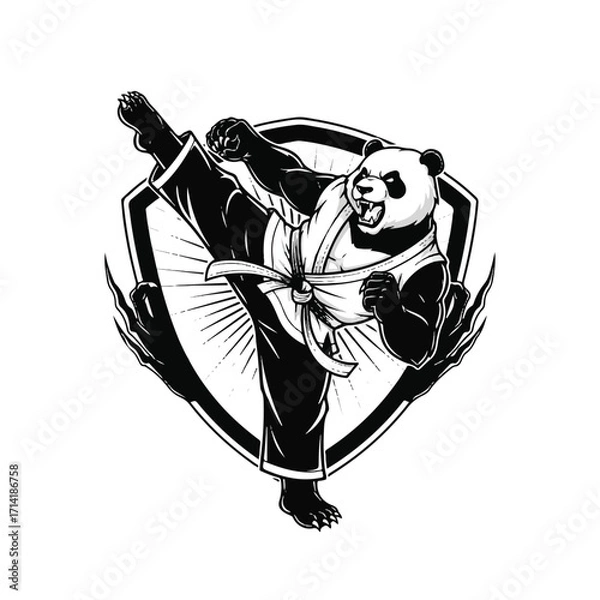 Fototapeta Panda in a karate pose, depicted in a stylized graphic design, with a shield-like emblem and claw-like elements.