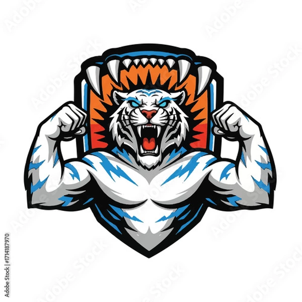 Fototapeta Powerful white tiger mascot with muscles and open mouth, depicted on a shield-like graphic.