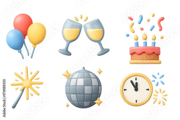 Fototapeta Festive 3d celebration elements with balloons, cake, and disco ball icons