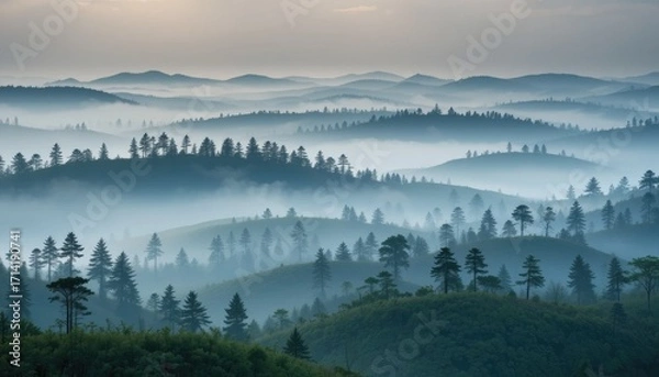 Fototapeta "Misty Forest Hills Wallpaper – Layers of Rolling Green Hills Covered in Tall Pines and Gentle Morning Fog, Creating a Calm and Simple Nature Background for Any Space"
