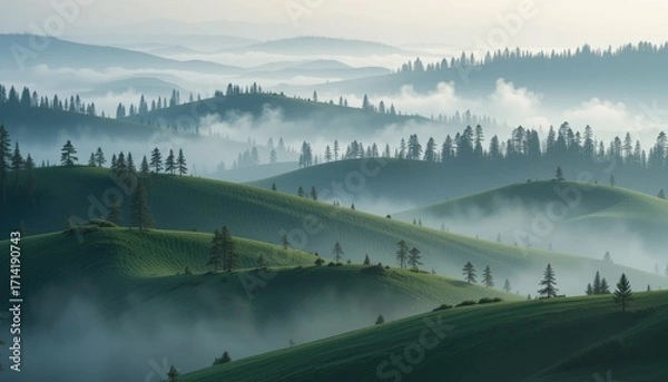 Fototapeta "Misty Forest Hills Wallpaper – Layers of Rolling Green Hills Covered in Tall Pines and Gentle Morning Fog, Creating a Calm and Simple Nature Background for Any Space"
