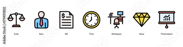Fototapeta Business Leadership web banner icon vector illustration featuring Scale, Boss, Bill, Time, Workspace, Value, and Presentation to represent authority and organizational management.