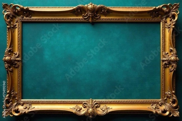 Fototapeta Heavy gold filigree frame, deep teal canvas texture, sophisticated, scrollwork, vintage