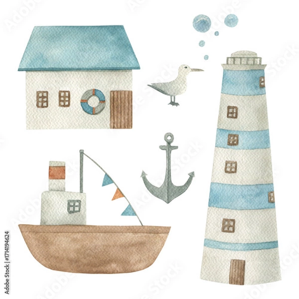 Fototapeta Watercolor set with ship, anchor, lighthouse. Hand drawn isolated  illustration on white background