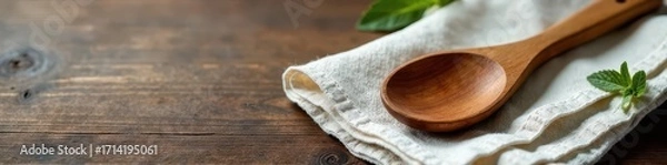 Fototapeta Wooden spoon, whisk, spatula on linen napkin, rustic wood background, cooking, linen, warm